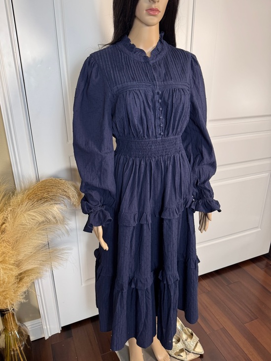 WOMEN’S LONG SLEEVE BUTTON UP ELASTIC WAIST FRONT POCKETS TIERED MIDI DRESS - Picture 8 of 16